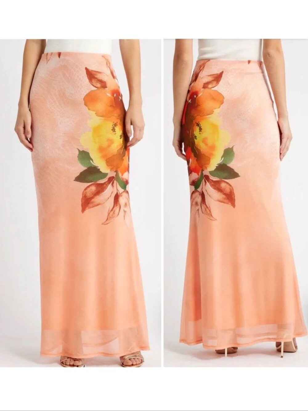 AFRM Peach Maxi Skirt with Yellow Orange Floral Print